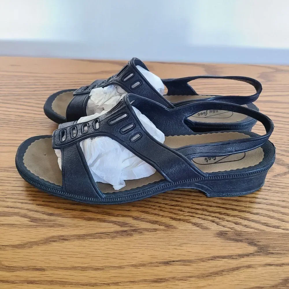 Vintage Women's Happy Feet Navy T-Strap Sandals Size 24 CM ~7 US Made Corona, CA